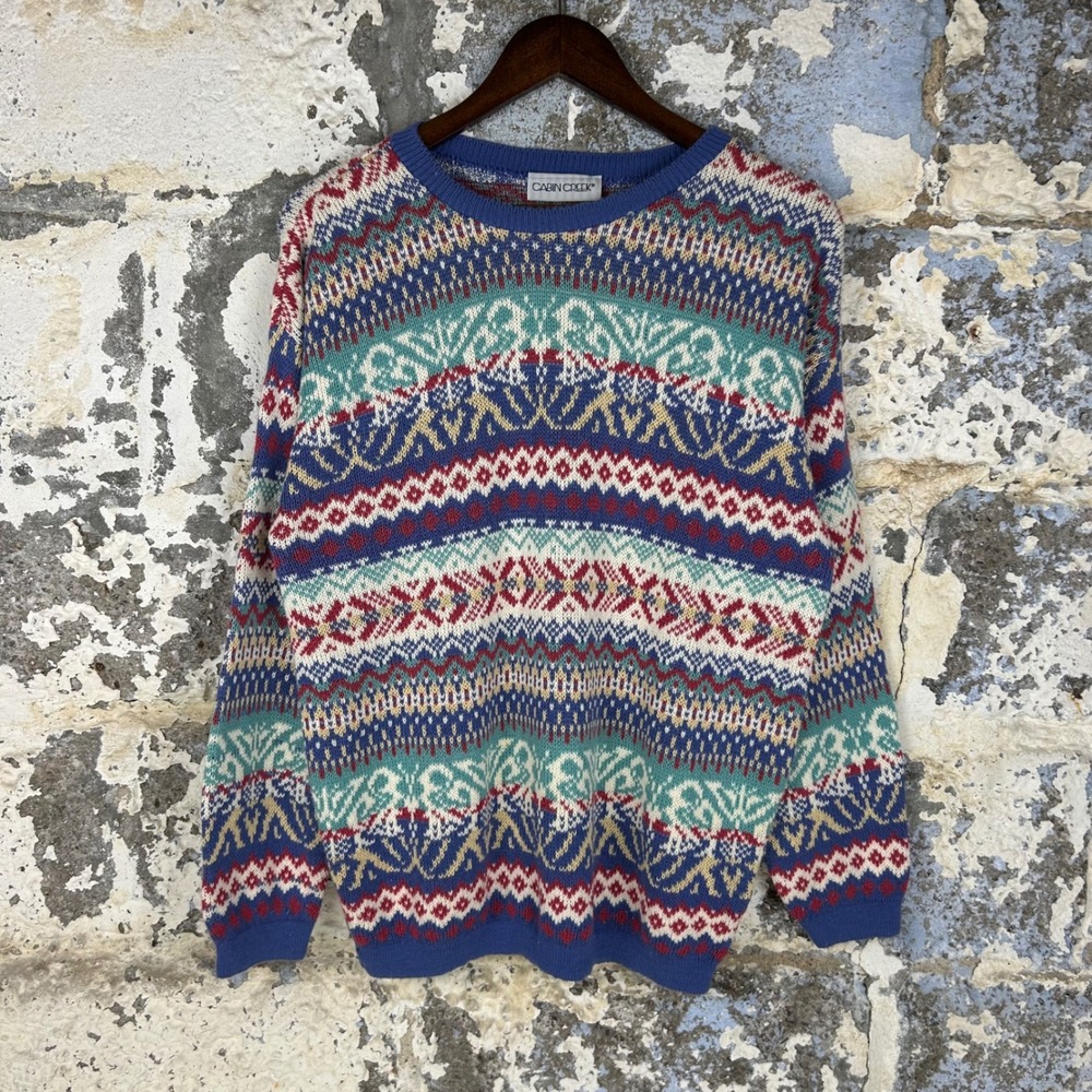 Vintage Cabin Creek Sweater Blue Fair Isle Knit Striped Pastel Crewneck XL